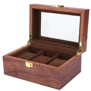 Holzene Uhrenbox mit 3-Gitter-Ausstellungskiste, Uhrenkoffer für Sammler und Geschenke, Displaybox mit transparentem Fenster und rutschfester Griff