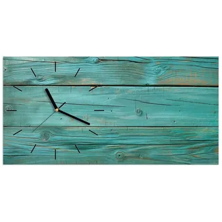 Primedeco Wanduhr Glasuhr Wandkunst Größe 60 x 30 cm mit Motiv Holzplanken Türkis