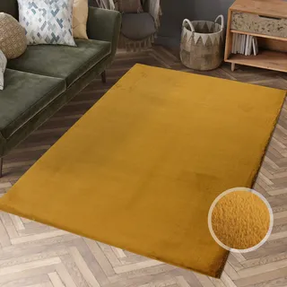 Carpet City Hochflor-Teppich CARPET CITY "TOPIA 400", gelb (amber), B:160cm H:21mm L:230cm, Polyester, Teppiche, Kunstfell-Teppich mit Kaninchenfell-Optik, Haptik, Schlafzimmer