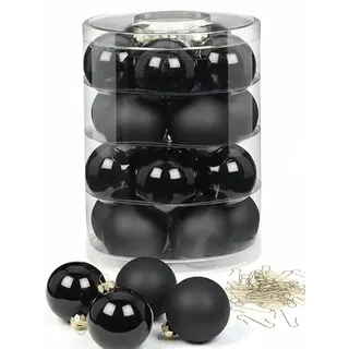 Inge Glas Weihnachtskugeln mit Haken | Schöne Christbaumkugeln aus Glas | Set 20 Kugeln und 40 Aufhänger | Christbaumschmuck Weihnachtsbaumkugeln (Ebony Black | schwarz)
