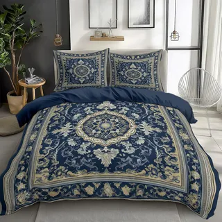CozyRest Bettwäsche Set 155 x 220 cm Wende Bettbezug Set, Blaugrau, Orientalische Drucke, Weiche Vier Jahreszeiten Bettbezug mit Reißverschluss und 80x80cm Kissenbezug