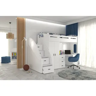 thematys Etagenbett 80x200cm mit Treppe, Schrank und Schreibtisch Hochglanz (für Jungen und Mädchen, Jugendbett, Kleiderschrank, Kinderzimmer, 3 in 1, 180cm x 130cm x 259cm) weiß