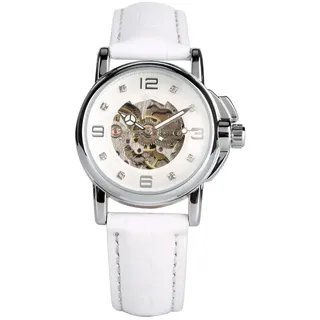 Luxus Frauen Automatische Uhr Damen Weiß Leder Wasserdichte Automatische Mechanische Skelett Uhr, Weiß, Skeleton Uhr,Mechanische, Automatische Uhr