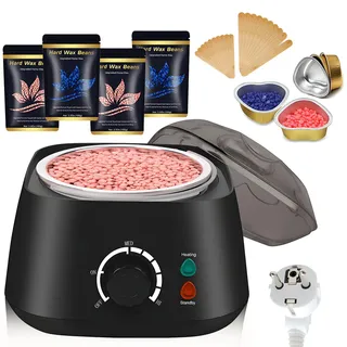 Wachswärmer Wachs Haarentfernung,Waxing Wachswärmer set,wachswärmer gerät,mit 400g Waxing Perlen,5 Pappbecher,20 Holzspateln,für Augenbraue, Achselhöhle, Körper, Beine, Gesicht (Schwarz)