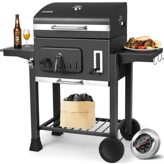 TLSUNNY Holzkohlegrills, Grillwagen XXL, Kohlegrill Groß, Holzkohlegrill mit Deckel, 2PCS Räder, Thermometer, Smoker Grill, Holzkohlegrill mit 2PCS Ablage, Grill für Camping und Garten, Schwarz
