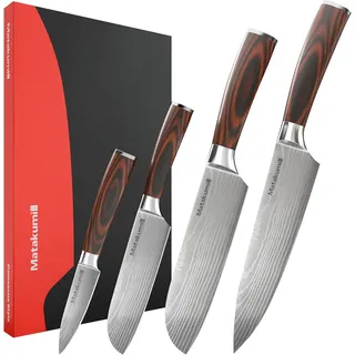 Matakumi Messerset 4-teilig, Damastmuster, Kohlenstoffstahl, scharf | Küchenmesser Set, japanischer Stil, scharfe Messer, ergonomische Griffe, im Karton als Geschenkverpackung geeignet
