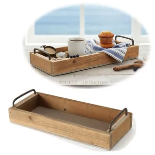 LS-LebenStil Vintage Holz Serviertablett 32x14cm Braun Servierschale Griff-Tablett Deko Tablett Kerzentablett Betttablett Holztablett Küchentablett Frühstückstablett mit Griffen
