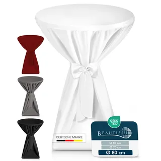 Beautissu Premium Stehtischhussen 80 cm Blickdicht Weiß – Tischhussen für Stehtische 80 cm rutschfest Bügelfrei & Waschbar Stehtischüberzug Schleifenband – Husse für Stehtisch Bistrotisch