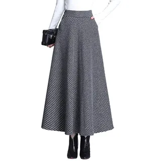 Damen Hohe Taille Lang Rock Winterrock Elegante Karierter Wollrock A-Linie Maxi Röcke Faltenrock -L - L