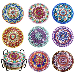 SKENGWEL 8 Stück DIY Diamond Painting Untersetzer Mit Halter, Diamond Bastelset und Bastelset Erwachsene für Diamond Painting Erwachsene