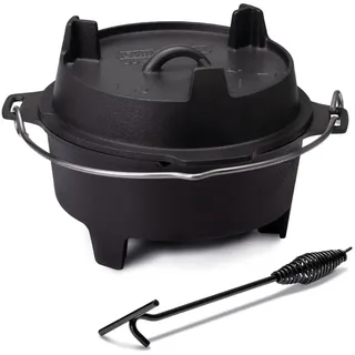Grillfürst Dutch Oven Set ca. 12 Liter - stabil stehender Feuertopf durch spezielle T-Füße, hitzebeständiger Gusseisen Topf, Deckel als Pfanne nutzbar, DO 12 inkl. Deckelheber 35cm