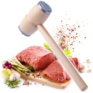 KADAX Fleischhammer, Schnitzelklopfer aus Holz, doppelseitiger Fleischklopfer, Schnitzelhammer mit Metallende, runder Klopfhammer für Schnitzel und Rindfleisch