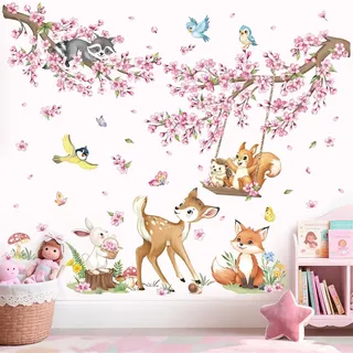 Jeiibrzui Wandtattoo „waldtiere Und Kirschblüten“ – 30 X 90 Cm – 2 Bögen – Rosa Wandtattoo Fürs Kinderzimmer