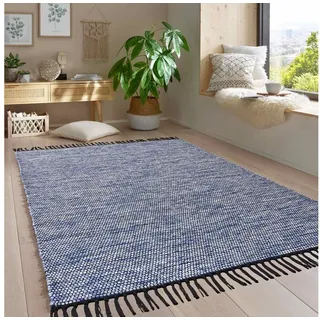 TaraCarpet Wollteppich Handwebteppich Borkum 100% Baumwolle, rechteckig, Höhe: 5 mm, gewebt Baumwolle blau modern Wohnzimmer Küche 160x230 cm blau 160 cm x 230 cm x 5 mm