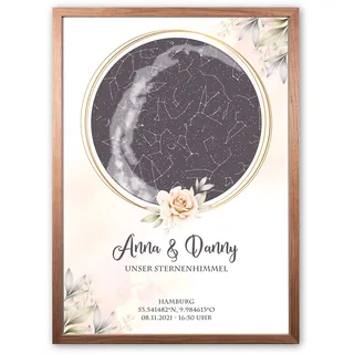 Personalisierte Sternenkarte - Sternenhimmel Poster - Ihre Sterne mit Wunschdatum und Wunschtext - Personalisiertes Geschenk Hochzeit, Verlobung, Geburtstag, Geburt, Taufe - (Rahmen optional)