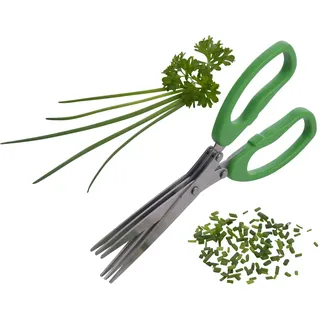 Kräuterschere 19 cm - sicheres & effizientes Zerkleinern von Würzkräutern mit gekoppelten Edelstahlklingen - 90g, grüne Kunststoffgriffe
