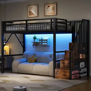 Merax Hochbett 90x200 cm aus Metall, Loftbett mit Treppenregal & LED-Beleuchtung, Stabiles Kinderhochbett & Jugendbett mit Rausfallschutz, Viel Stauraum, Bettgestell im Industrial-Design, Schwarz