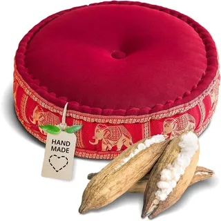 livasia Meditationskissen mit Thaiseide - Ø 45x15cm - Yogakissen mit Kapok, Pouf, Bodenkissen für Yoga und Zen Meditation, Sitzkissen für Garten und Balkon, Zafukissen (Hellrot/Elefanten Seide)