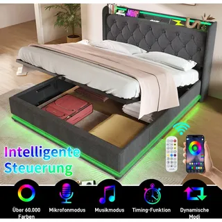 MODFU Boxspringbett Hydraulisches 140 x 200 cm mit LED-Beleuchtung(Drucktaste/App/Fernbedienung.), Polsterbett Funktionelles mit USB&Typ-C-Ladeansc... - Grau