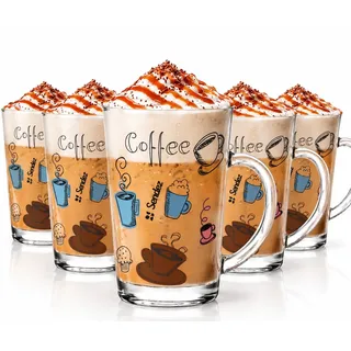 Sendez Latte-Macchiato-Glas 6 Latte Macchiato Gläser 300ml Kaffeegläser mit buntem Kaffee-Aufdruck, 6-tlg., Glas bunt