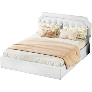 Merax 160*200cm Flachbett, Polsterbett, hydraulisches Zwei-Wege-Bett, minimalistisches Design, stilvolle Polsterung, weiß