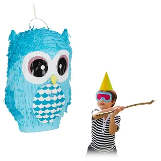 Relaxdays Pinata Eule, niedliche Tierpinata zum selbst Befüllen, Geburtstag, zum Aufhängen, Schlagpinata f. Kinder, blau, 1 Stück