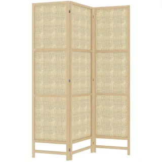 Homcom Paravent 3-teilig PP Rattan Naturholz 135L x 180 cm