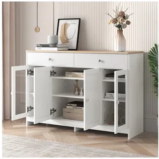 IDEASY Sideboard Weißes Sideboard, Landhausstil Anrichte, Türkommoden, 120x 37x 80cm, 4 Türen, 2 Schubladen, verstellbare Einlegeböden, Glastür-Design weiß