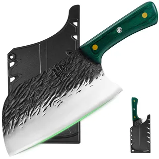 FULLHI Metzgermesser, Mehrfarbiger Holzgriff Full Tang Kochmesser mit Scheide, Hochkohlenstoffstahl Fleisch schneiden Küchenmesser für Outdoor, Camping BBQ (Grün, Serbisches Kochmesser)