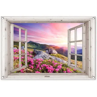 MuchoWow© Gartenposter 90x60 cm Outdoor Bilder Gartendeko für draußen Wetterfest Garten Deko Banner Draußen Bild Garden Decoration Berg - Landschaft - Fensterblick - Blumen - Abend - Rosa