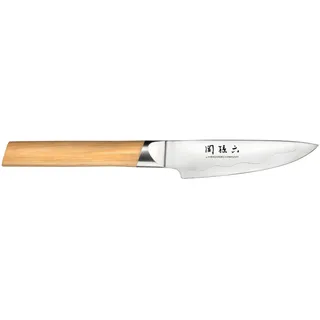 KAI Seki Magoroku Composite Officemesser 9 cm Klingenlänge - SUS420J2 Edelstahl 56 HRC/VG 10 Stahl 61 HRC - heller gemaserter Pakkaholzgriff - Handgefertigt in Japan - Durchgehender Erl