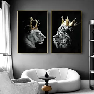 Löwe und Löwin mit Krone Leinwand Bilder, Schwarz Weiß Tier Poster Dekoration, Wildes Tier Kunst Drucke für Wohnzimmer Wohnkultur Dekor Kein Rahmen (Löwe -1, 2x30x40cm)