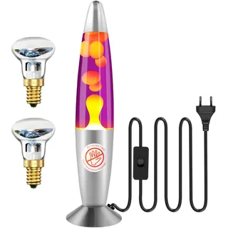 Ajacxet Lavalampe 34 cm Violett Gelb – Retro Lava Lampe, Aluminium, 2x R39 25W E14 (1 installiert + 1 Ersatz), Stimmungslampe fürs Wohnzimmer/Schlafzimmer, Geschenkidee