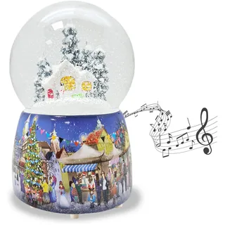 Schneekugel Weihnachten Spieluhr | Schneemann vor Hütte Winterwald | Sockel Weihnachtsmarkt mit Polyhaus | mit Musik | H:14 cm B: 10 cm | Schüttelkugel | 20061