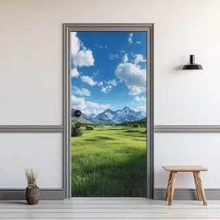 Gebirge Türaufkleber 3D Wiese Türtapete Selbstklebend Blauer Himmel Und Weiße Wolken Türfolie TürPoster Innentür PVC Wasserdicht Abnehmbar für Wohnzimmer Schlafzimmer Bad 77x200cm
