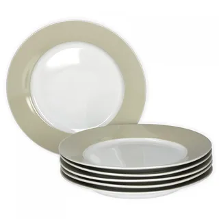Van Well Vario Frühstücksteller-Set 6-teilig für 6 Personen - Porzellan Teller-Service Ø 20cm - Mikrowellengeeignet - Weiß mit Beigefarbenem Rand