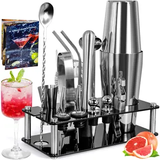 ZPQAODI Cocktail Set, 18 Stück Cocktail Shaker aus Edelstahl, Cocktail Shaker Mix Set, Party Essential Cocktailshaker Set,Profi Cocktail Shaker Set mit Ständer & Rezeptbuch, Cocktail Mix Set