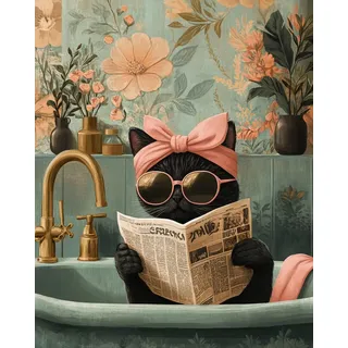 Malen nach Zahlen Erwachsene Schwarze Katze sitzt in der Badewanne und liest Zeitung DIY Malen nach Zahlen Kits auf Leinwand Acrylmalerei mit Pinseln Leinwand Geschenke Kunsthandwerk 40 x 50 cm