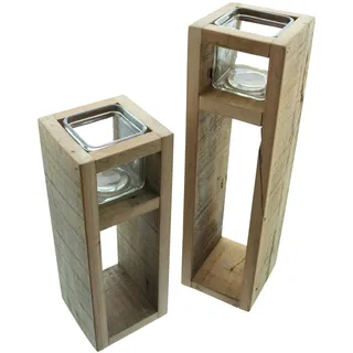 2X Windlichtsäule Wood aus recyceltem Holz 30 + 40 cm hoch, Kerzenständer | mit Glas-Windlicht, Deko-Säule für Wohnzimmer, Holzsäule mit Kerzenglas, Holzlaternen-Set