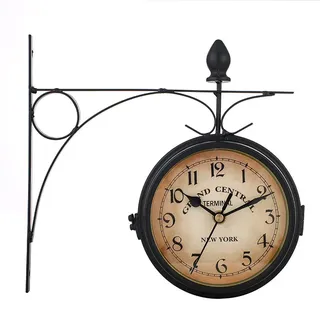 Vintage-wanduhr Aus Eisen, Doppelseitig, Pendeluhr Im Bahnhofsstil Mit Ständer Für Den Innen- Und Außenbereich, Schwarz