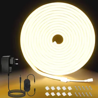 MMEEVT Meevt LED Streifen 5M Warmweiß 3000K, 360° Flexibel Neon LED Strip mit Drehdimmer, IP65 Wasserdicht LED Leiste Lichtband für Indirekte Beleuchtung Außenbereich Küche Zimmer Deko DIY, 12V