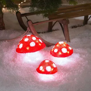 Lights4fun 3er Set LED Acryl Pilze innen und außen Weihnachtsfigur Weihnachtsdeko Weiß Weihnachtsbeleuchtung Außen