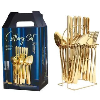 24-teiliges Edelstahl-besteckset, Inklusive Ständer, Spiegelglanzpoliert, Für 6 Personen, Spülmaschinengeeignet, Farbe Gold