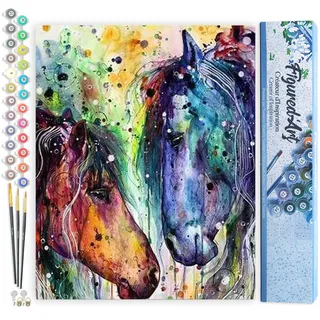 Figured'Art Malen Nach Zahlen Erwachsene Zwei Pferde in Farben - Paint by Numbers Basteln DIY Bastelset 40x50cm ohne Holzrahmen