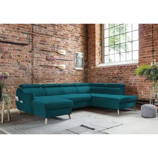 MIUFORM Sweet Harmony - Ecksofa mit Bettfunktion und Bettkasten U-FORM RECHTS - 321x208cm - Velours Türkis - Sofa Schlafsofa Couch - Türkis