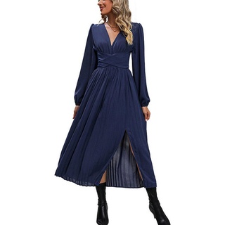 B.X Abendkleid Damen V-Ausschnitt In der Taille binden Cocktailkleid Abendkleid A-Linien-Kleid Einfarbiges Stilvolles plissiertes Kleid Cocktailkleid blau L