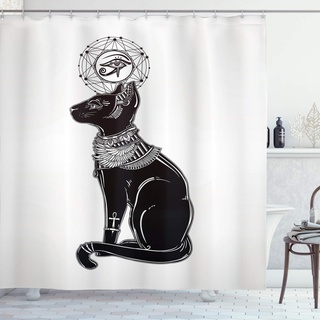 ABAKUHAUS Katze Duschvorhang, Ägyptische Tiermotiv, Stoffliches Gewebe Badezimmerdekorationsset mit Haken, 175 x 200 cm, Schwarz Grau