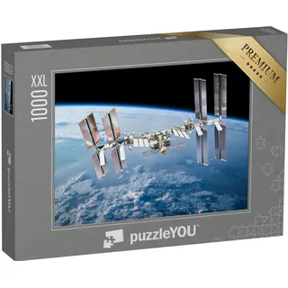 Puzzle 1000 Teile XXL „Internationale Raumstation auf der Umlaufbahn des Planeten Erde ISS Dunkler Hintergrund“