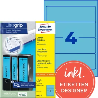 Avery Zweckform Ordneretiketten L4767-20 Blau 61 x 192 mm 20 Blatt 80 St.