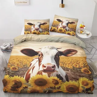 Kuh Bettwäsche 140x200 - Sonnenblumen Rinder Bettbezug 140x200 2er Set, Wendebettwäsche und Kissenbezug 70x90, Weiche & Angenehme & Atmungsaktive Mikrofaser Bettwäsche-sets mit Reißverschluss